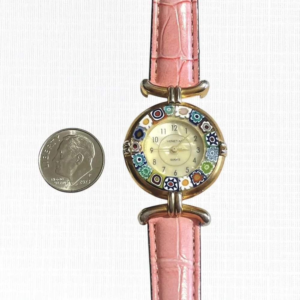 Venetiae Murano Millefiori Glass Quartz Wristwatch Womens Pink Strap Croc Style